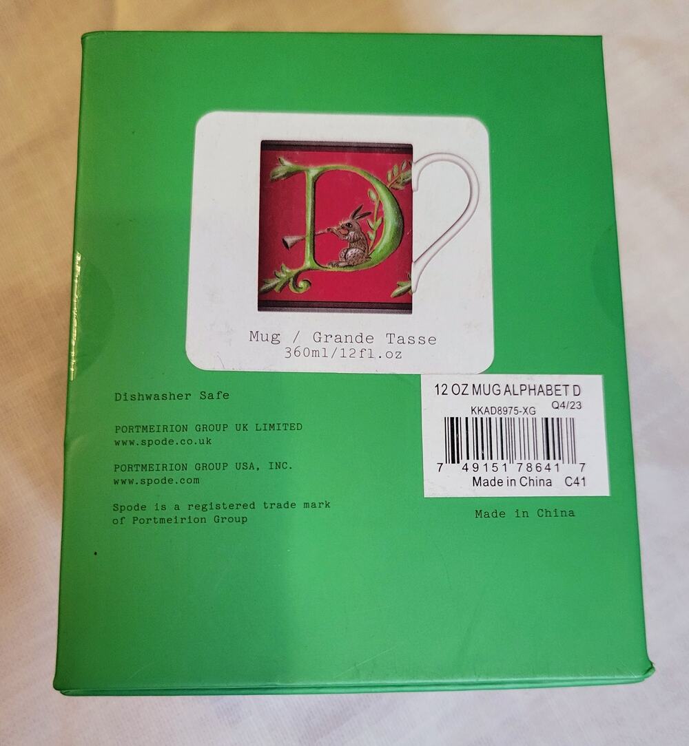 NIB Spode Kit Kemp Alphabet Monogram Mug Letter D Rabbit Fine China Gift Box
